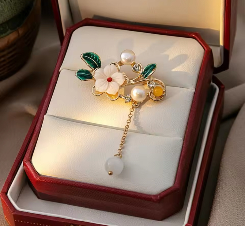 🌸 Flower Brooch with Pearl and Dangling Detail – Elegant Brooch | Twinolo