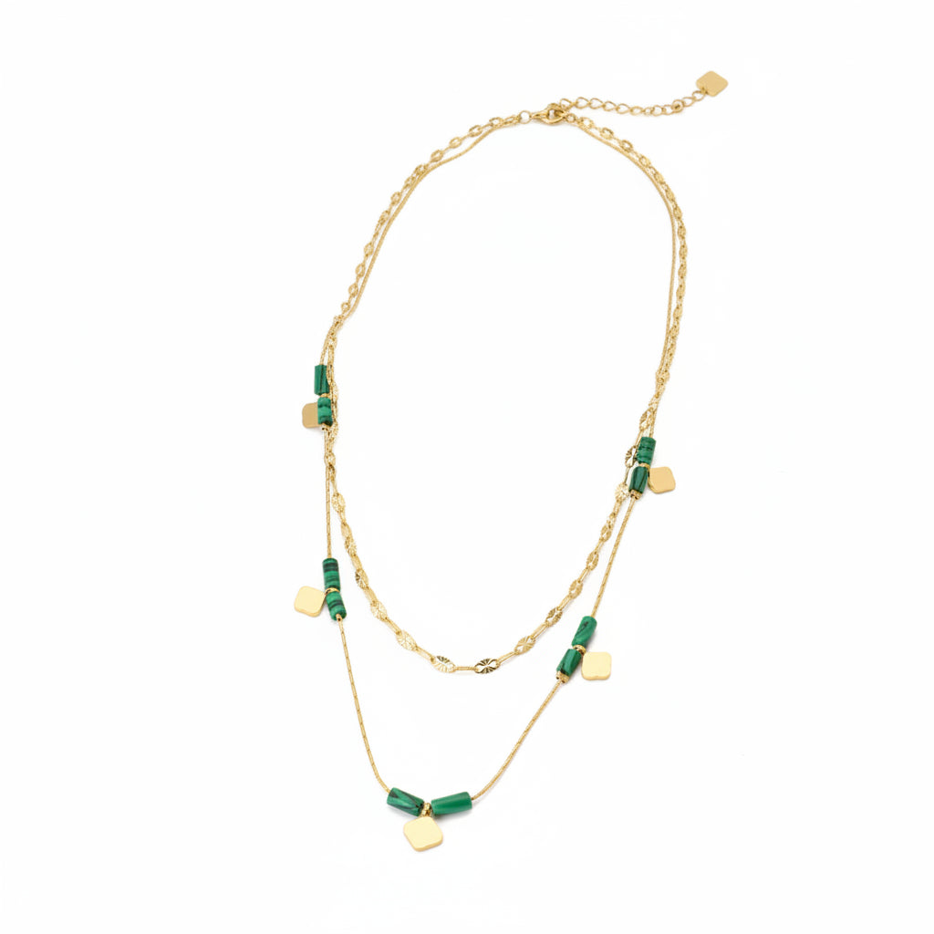Double Chain with Green Stones – Layered & Elegant | Twinolo