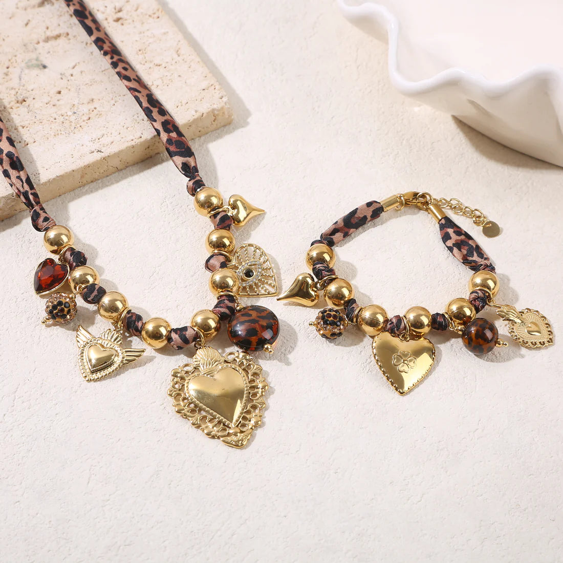 Boho Women's Necklace with Charms – Leopard Cord & Gold-Tone Stainless Steel – Statement Necklace | Twinolo