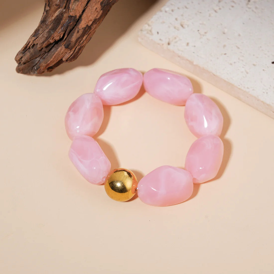 Ladies Elastic Beaded Bracelet – Pink Resin | Twinolo