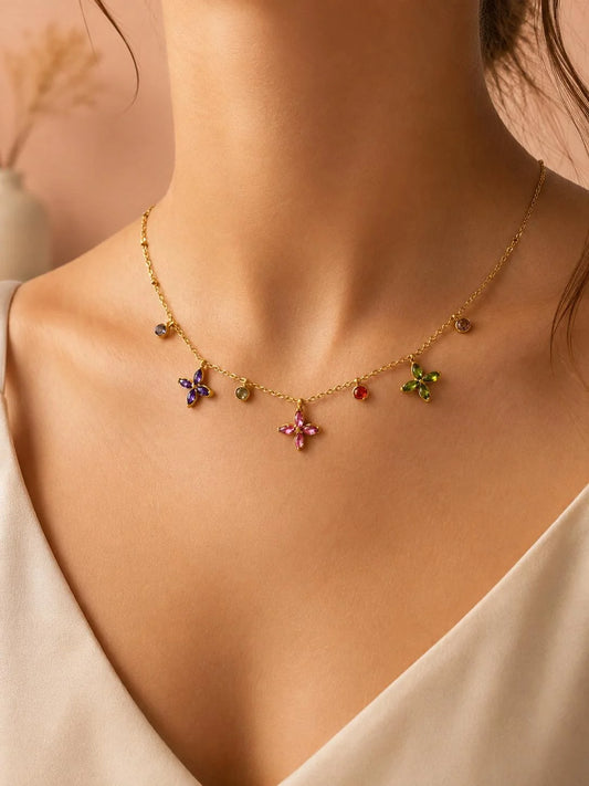 Goudkleurige Bloemenketting met Kleurrijke Zirkonia – RVS | TWINOLO
