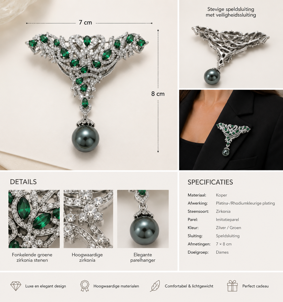 Luxury Brooch with Green Zirconia and Pearl – Silver-colored Women's Brooch | Twinolo