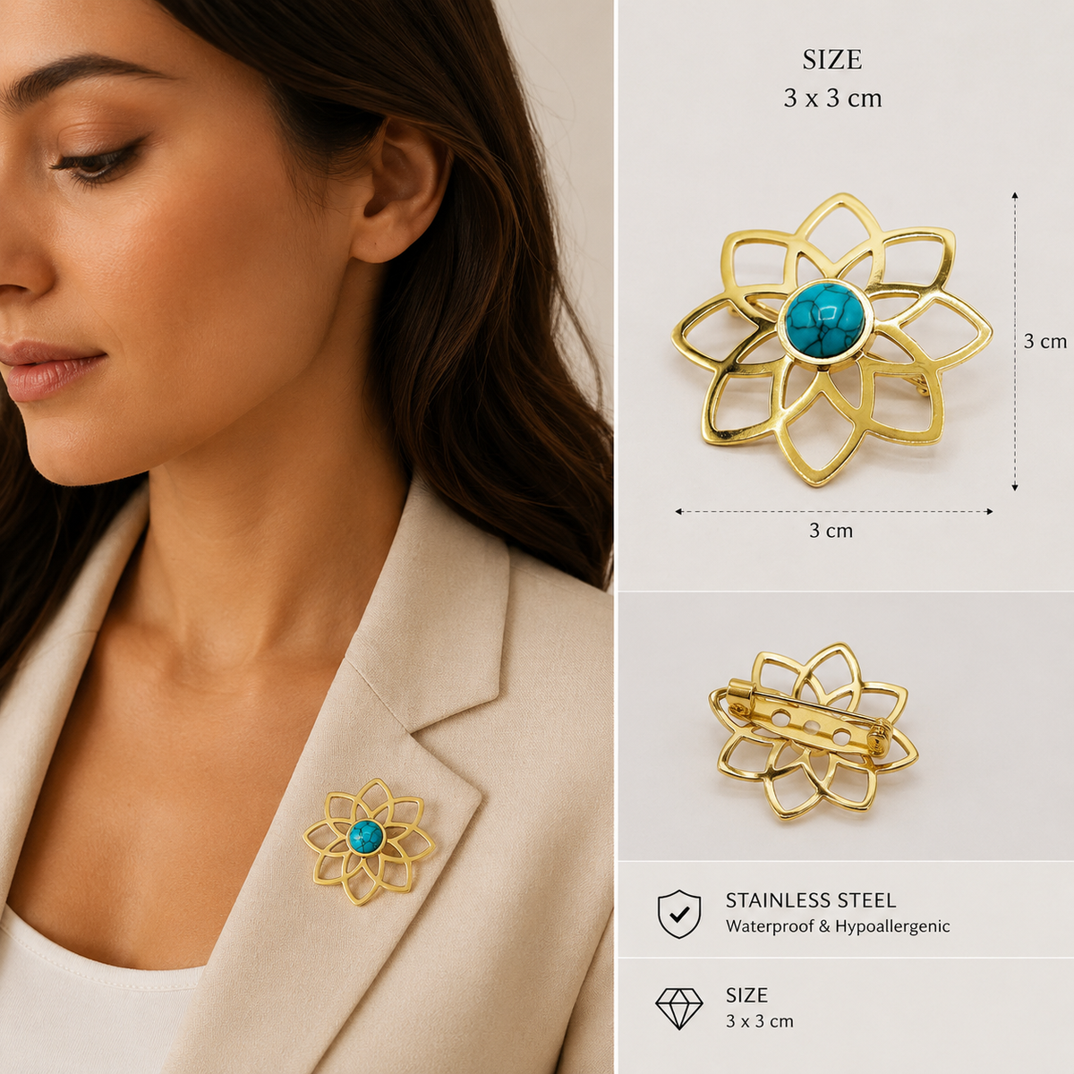 Gold-coloured Flower Brooch with Turquoise Detail | Twinolo