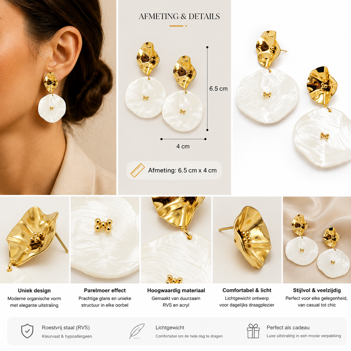Statement Earrings with Mother-of-Pearl Effect – Gold-colored | Twinolo