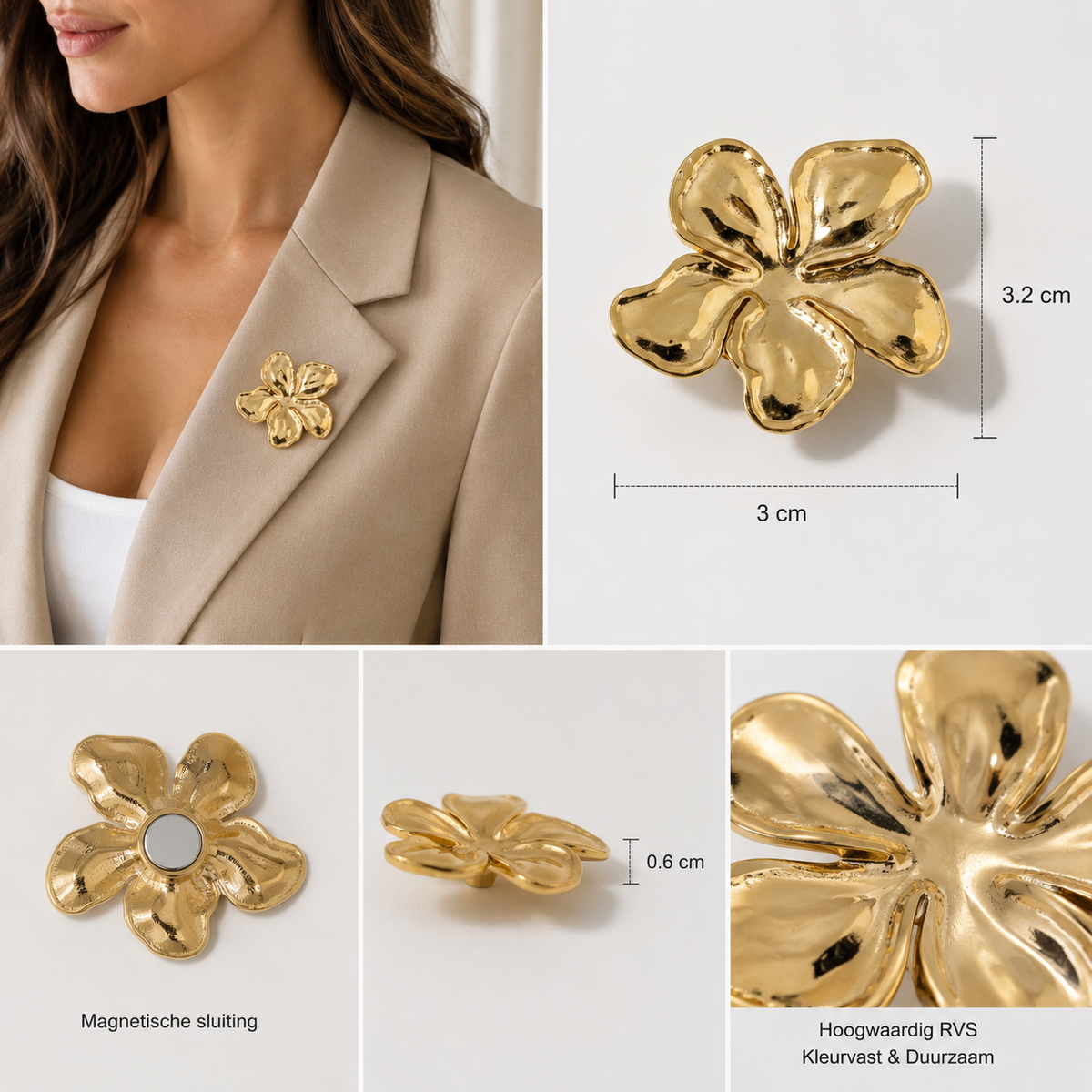 Magnetic Flower Brooch - Gold-Colored Stainless Steel | Twinolo