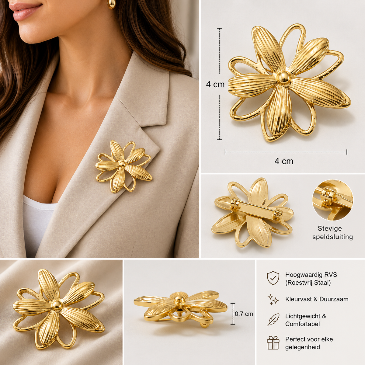 Gold-colored Flower Brooch – Stainless Steel | Twinolo