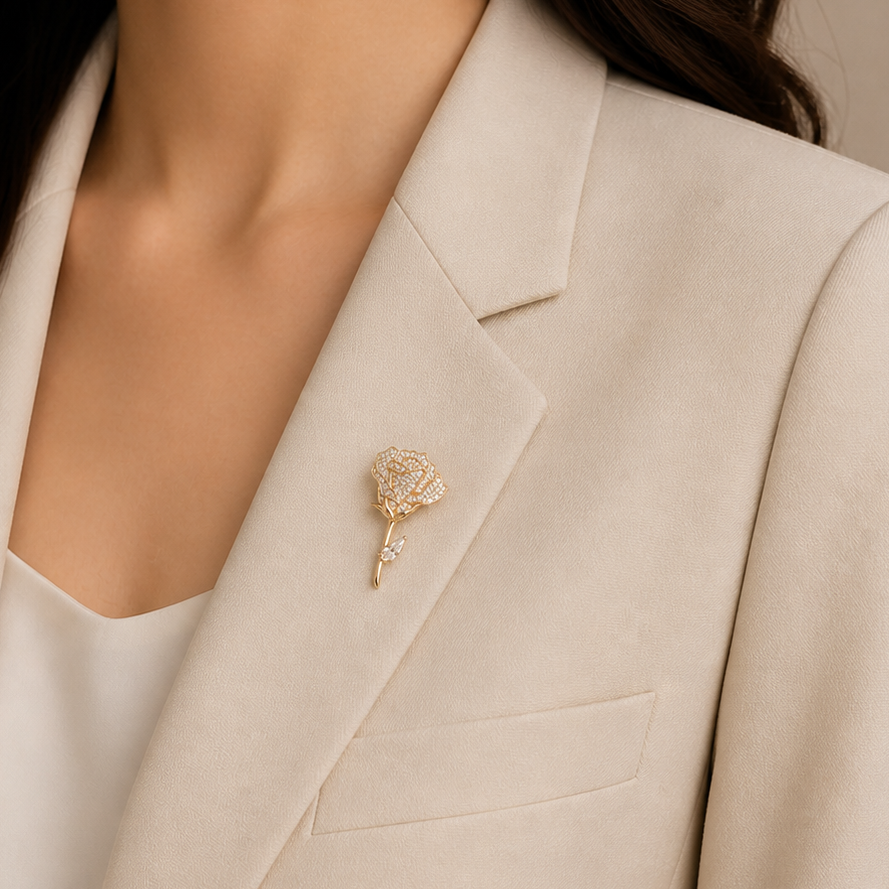🌹 Rose Brooch with Crystals – Luxury Gold-tone Flower Brooch for Women | Twinolo