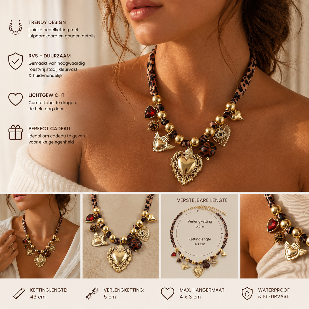Boho Women's Necklace with Charms – Leopard Cord & Gold-Tone Stainless Steel – Statement Necklace | Twinolo
