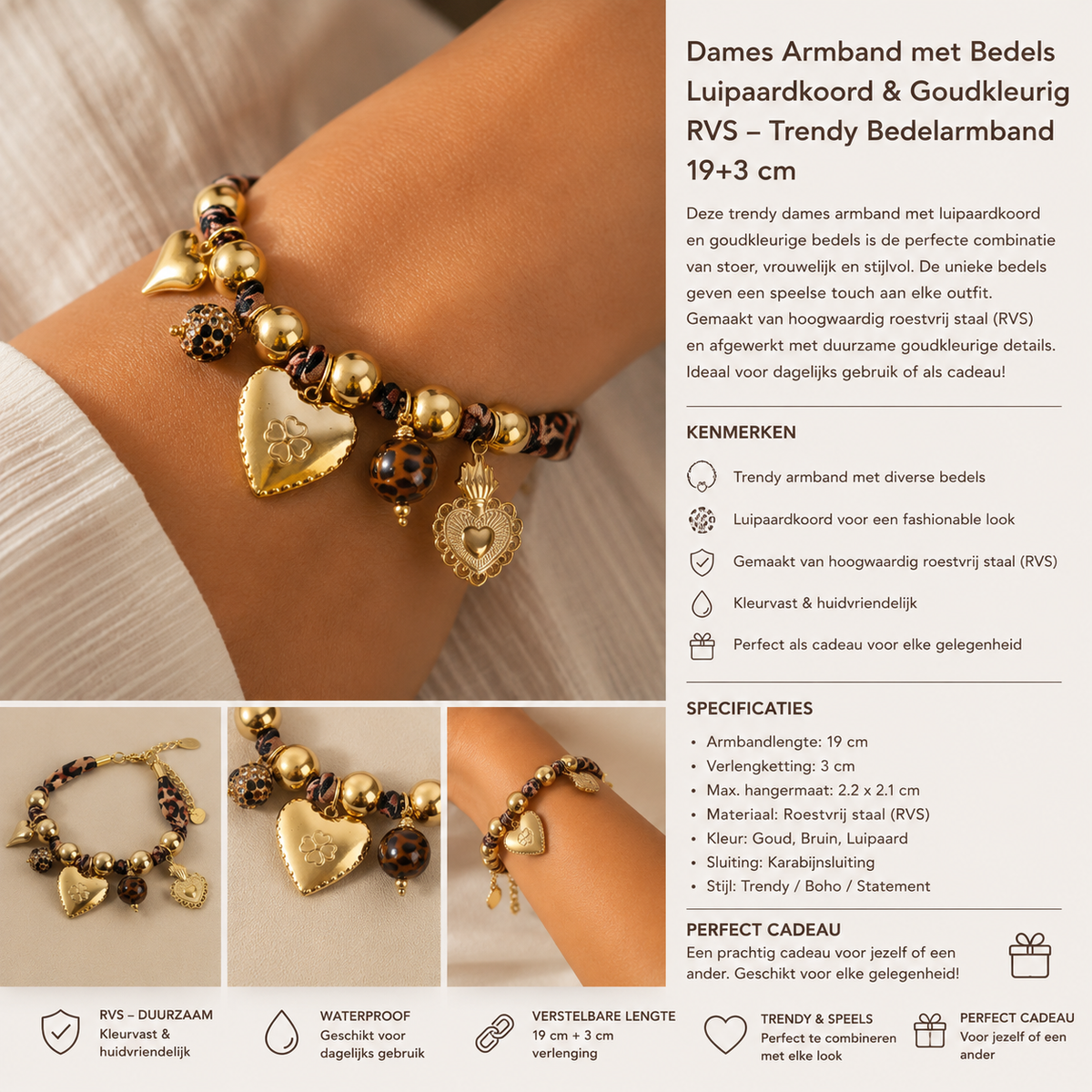 Women's Charm Bracelet – Leopard Cord | Twinolo
