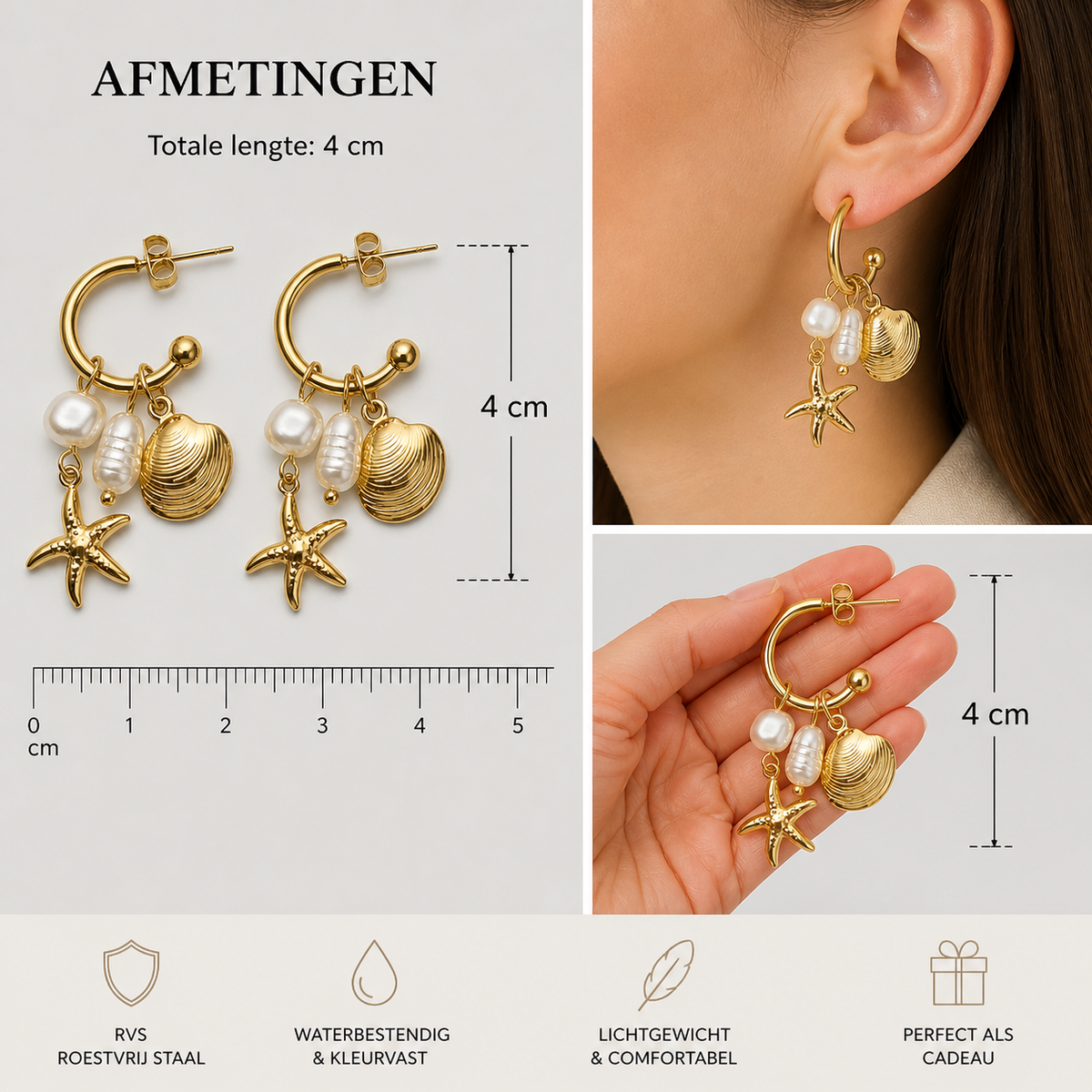 Women's Hoop Earrings with Charms – Gold-Colored Stainless Steel – Shell, Starfish & Pearl Earrings | Twinolo