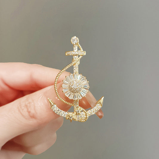 ⚓ Anchor Brooch with Crystals – Gold-toned Nautical Women's Brooch | Twinolo