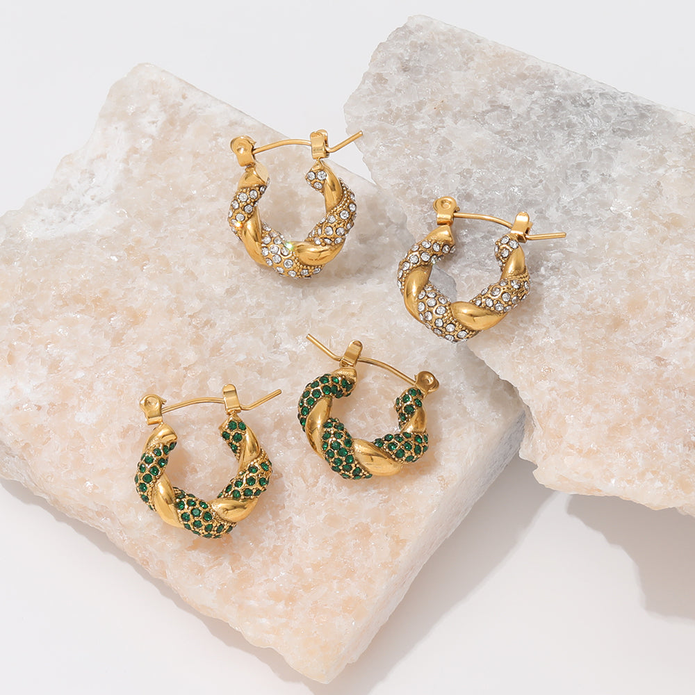 Croissant Earrings with Shiny Green Zirconia – Stylish Contrast | Twinolo