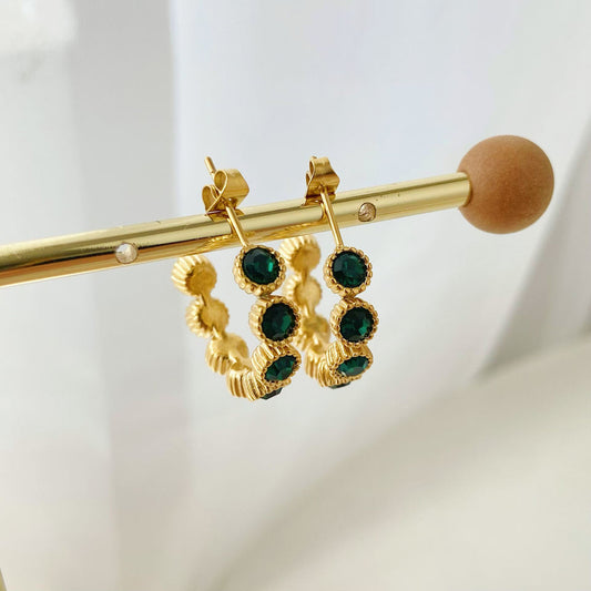 Mini Hoops with Dark Green Stones – Stylish Touch | Twinolo