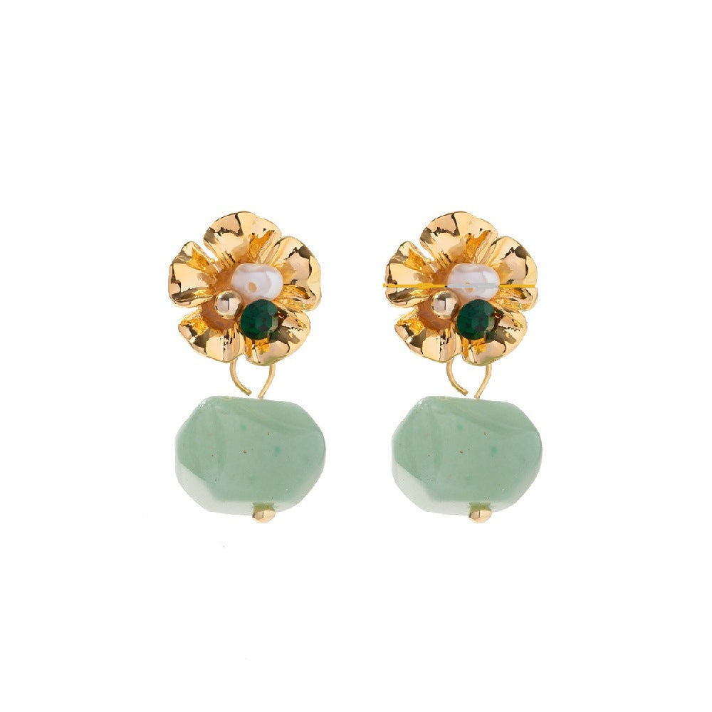 Flower Earrings with Hanging Stone – Purple or Green | Twinolo