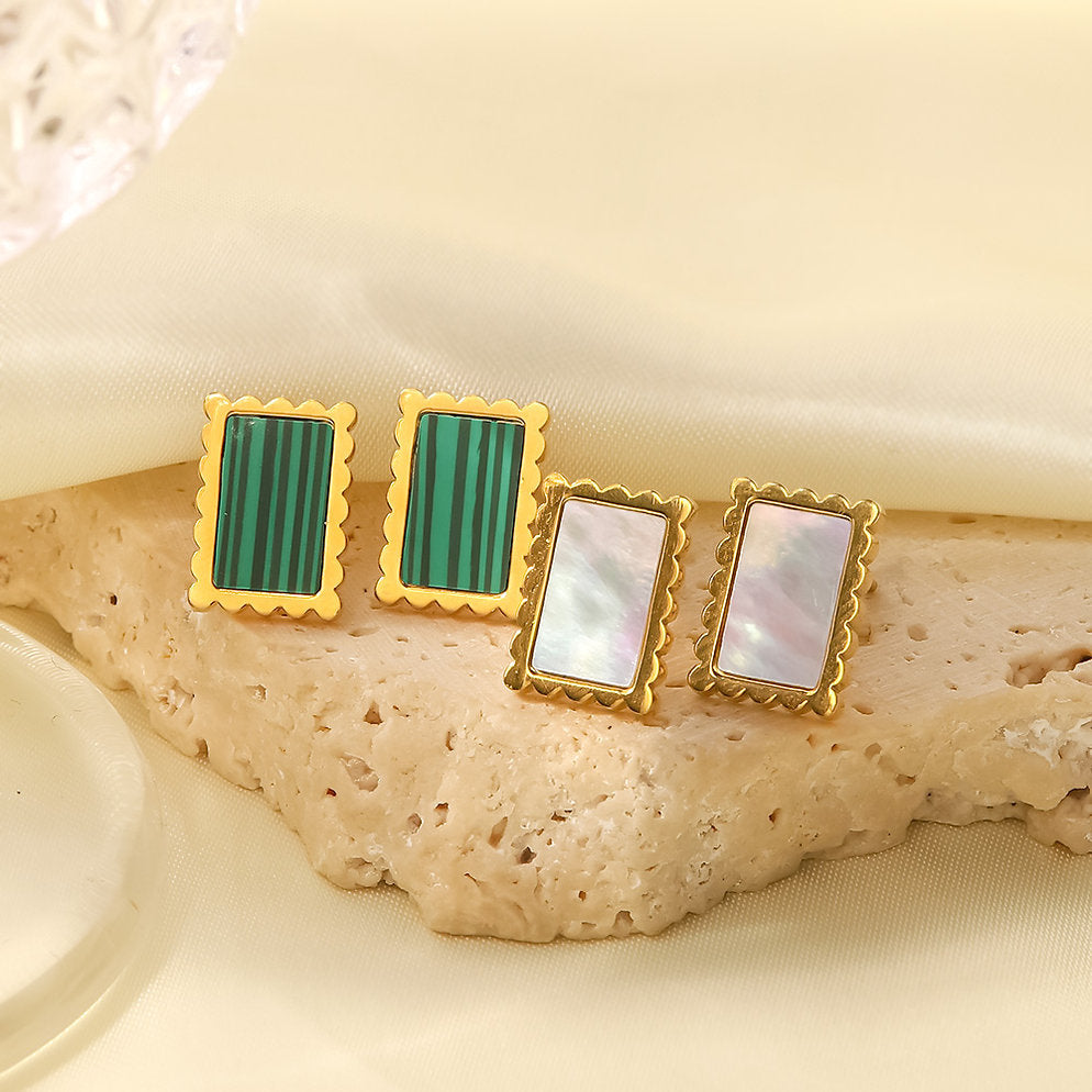 Rectangular Stud Earrings – Mother of Pearl or Synthetic Malachite | Twinolo