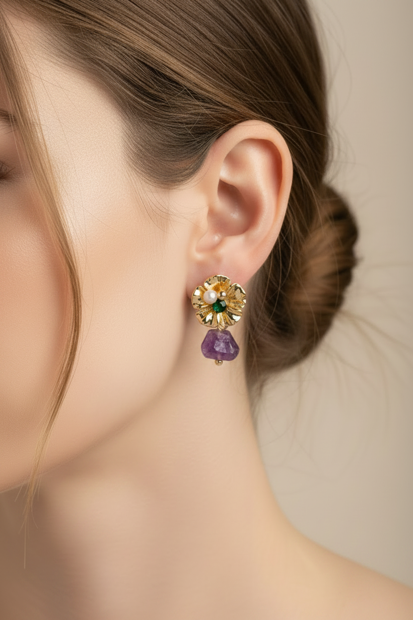 Flower Earrings with Hanging Stone – Purple or Green | Twinolo