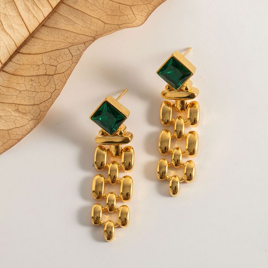Link Earrings with Square Green Stone – Classic Design | Twinolo