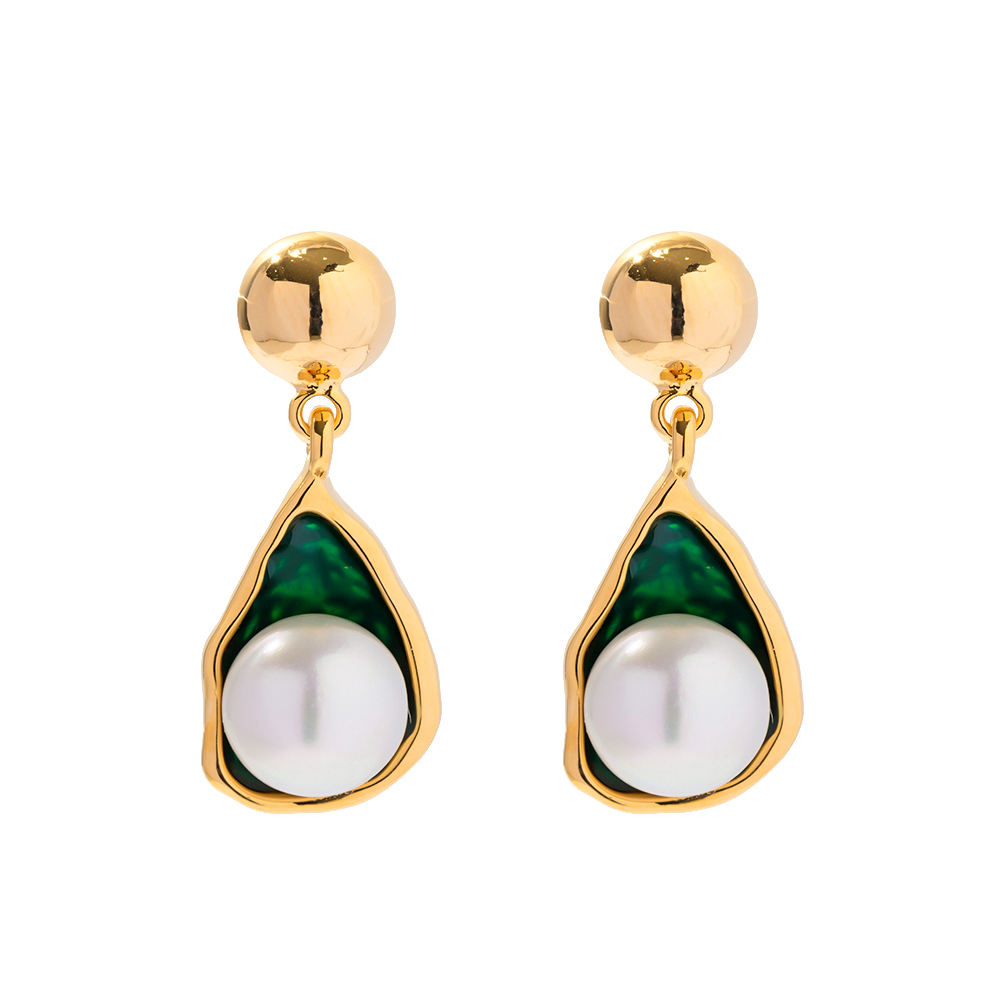 Gold-Colored Earrings with Pearl and Green Accents – Warm & Trendy | Twinolo