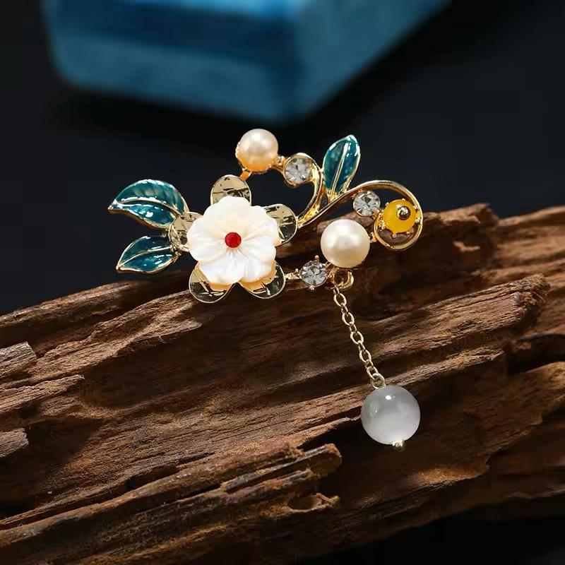 🌸 Flower Brooch with Pearl and Dangling Detail – Elegant Brooch | Twinolo
