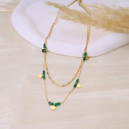 Double Chain with Green Stones – Layered & Elegant | Twinolo