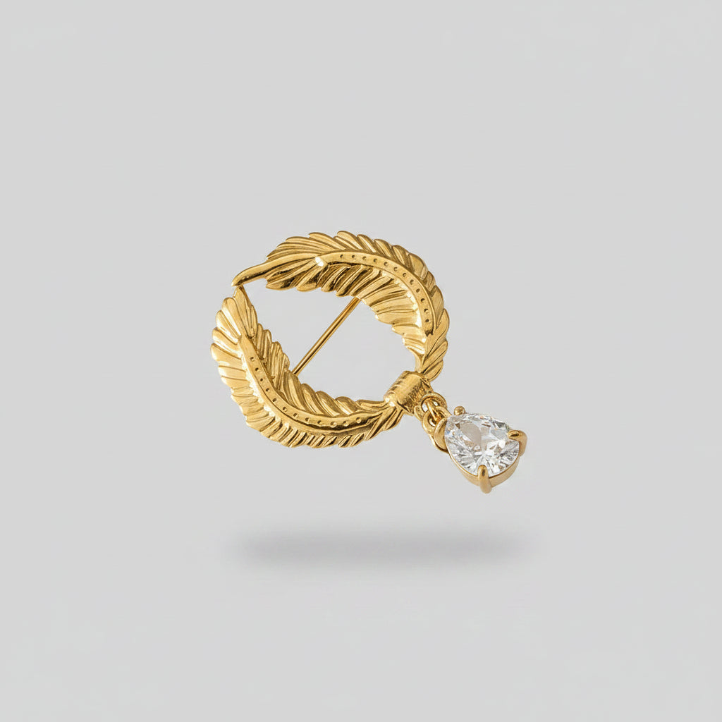 Golden Wreath Brooch with Pendant – Elegant Design - Stainless Steel | TWINOLO
