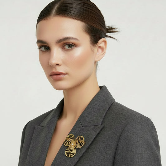 Golden Flower Brooch with Crystal – Stainless Steel – Elegant Design | Twinolo