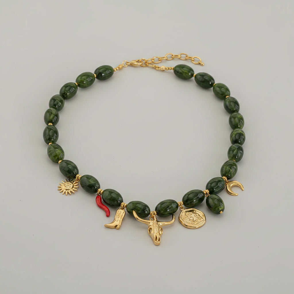Women's Beaded Necklace with Charms – Green & Gold-colored | Twinolo