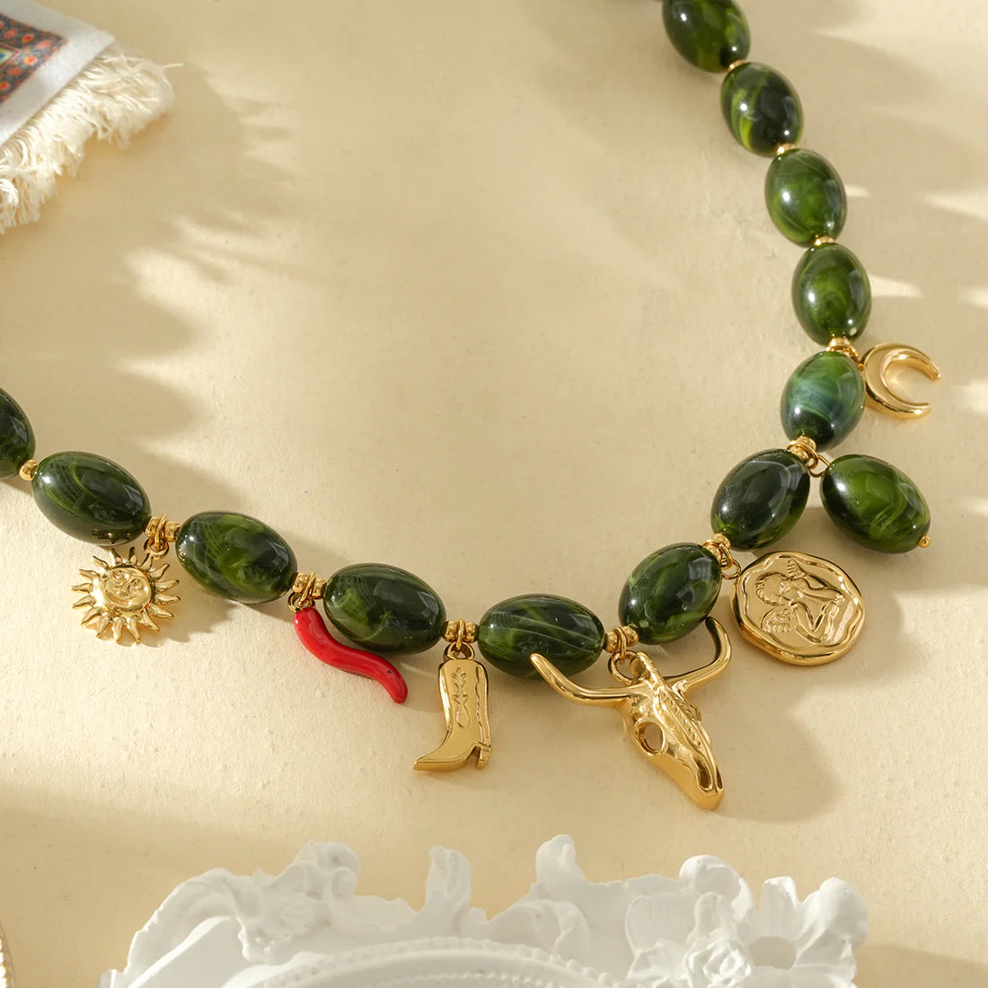 Women's Beaded Necklace with Charms – Green & Gold-colored | Twinolo