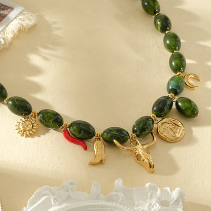 Women's Beaded Necklace with Charms – Green & Gold-colored | Twinolo