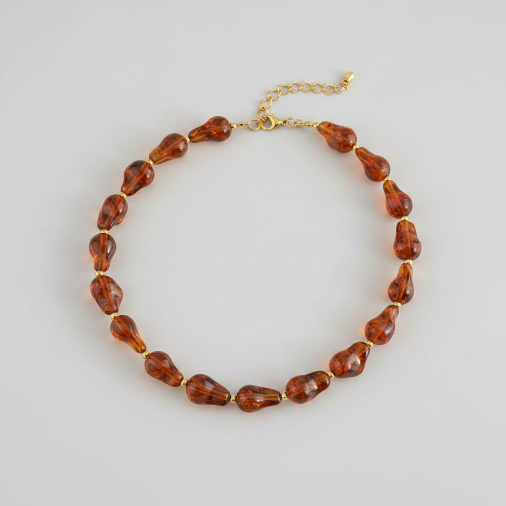 Brown Ladies Necklace with Resin Beads – Gold-colored Stainless Steel – Statement Necklace | Twinolo