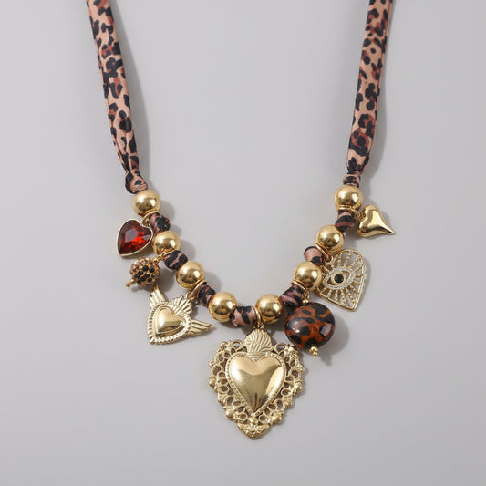 Boho Women's Necklace with Charms – Leopard Cord & Gold-Tone Stainless Steel – Statement Necklace | Twinolo