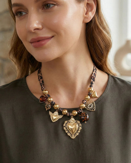 Boho Women's Necklace with Charms – Leopard Cord & Gold-Tone Stainless Steel – Statement Necklace | Twinolo