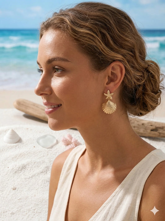 Gold-colored Earrings Ladies - Starfish and Shell Design - Stainless Steel Statement | Twinolo