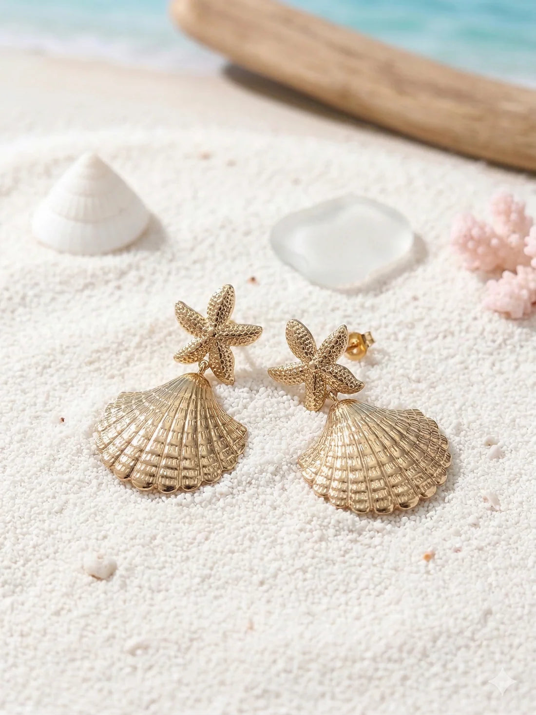 Gold-colored Earrings Ladies - Starfish and Shell Design - Stainless Steel Statement | Twinolo