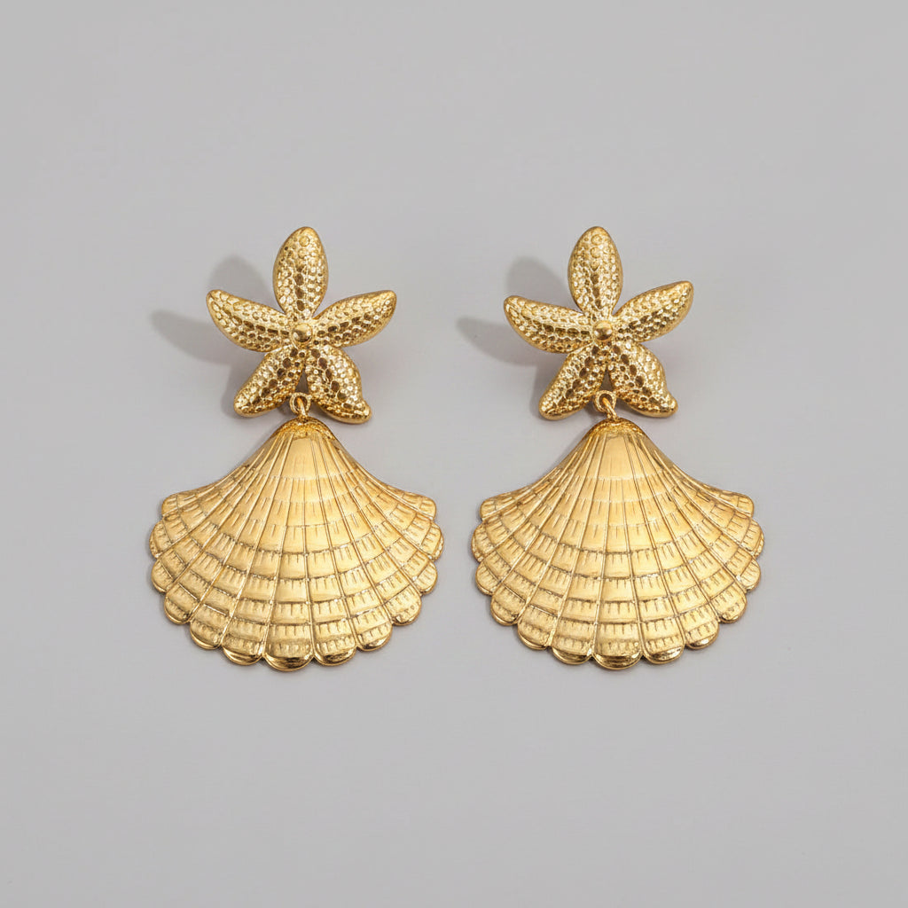 Gold-colored Earrings Ladies - Starfish and Shell Design - Stainless Steel Statement | Twinolo