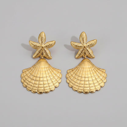 Gold-colored Earrings Ladies - Starfish and Shell Design - Stainless Steel Statement | Twinolo