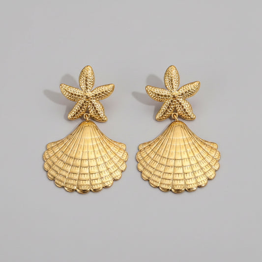 Gold-colored Earrings Ladies - Starfish and Shell Design - Stainless Steel Statement | Twinolo