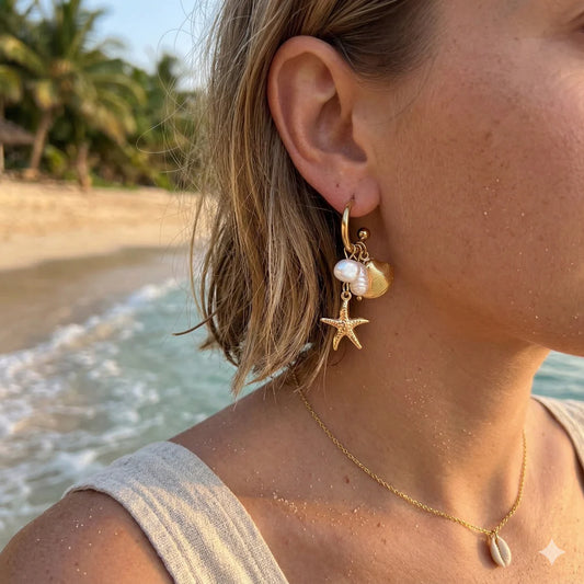 Women's Hoop Earrings with Charms – Gold-Colored Stainless Steel – Shell, Starfish & Pearl Earrings | Twinolo