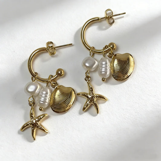 Women's Hoop Earrings with Charms – Gold-Colored Stainless Steel – Shell, Starfish & Pearl Earrings | Twinolo