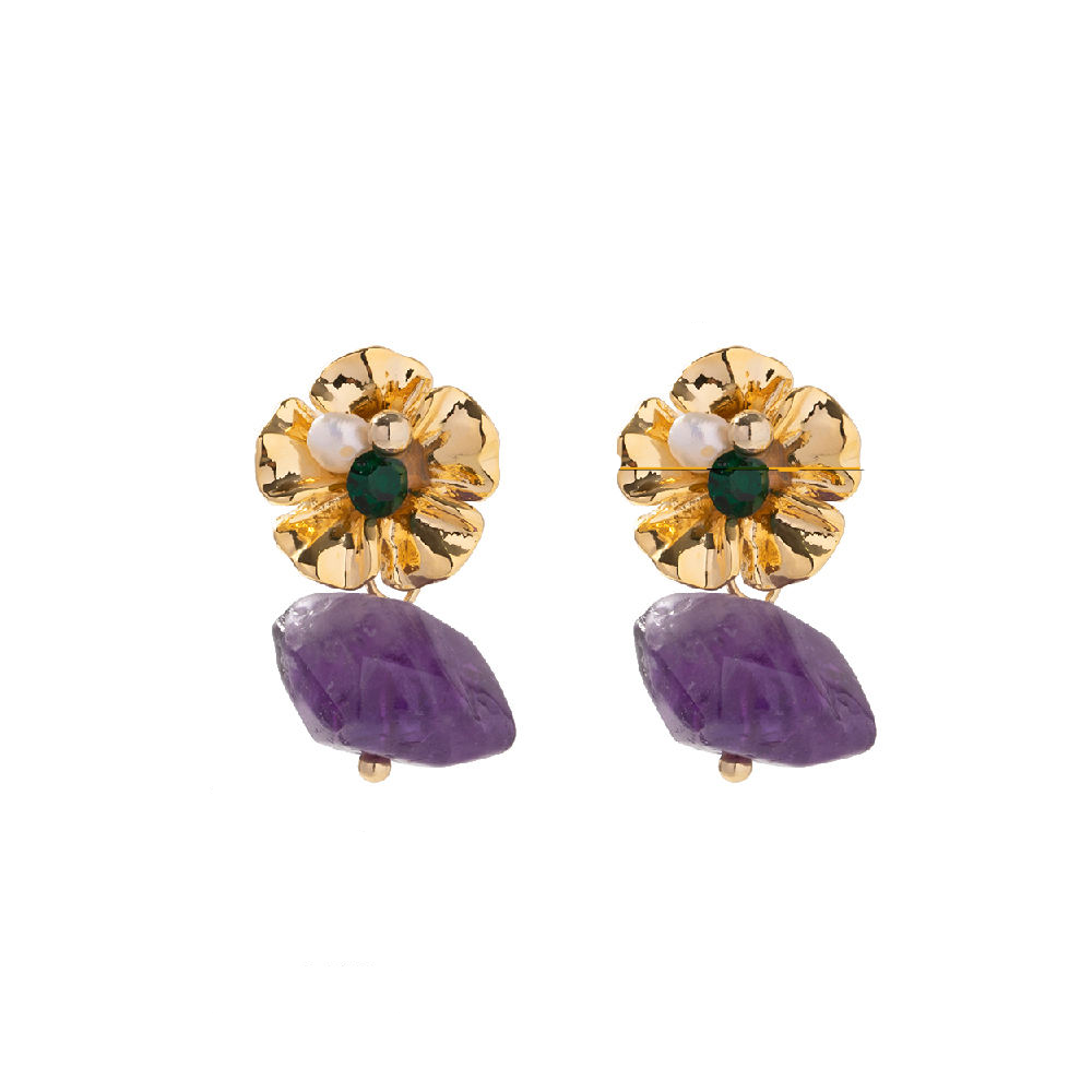 Flower Earrings with Hanging Stone – Purple or Green | Twinolo