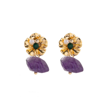 Flower Earrings with Hanging Stone – Purple or Green | Twinolo