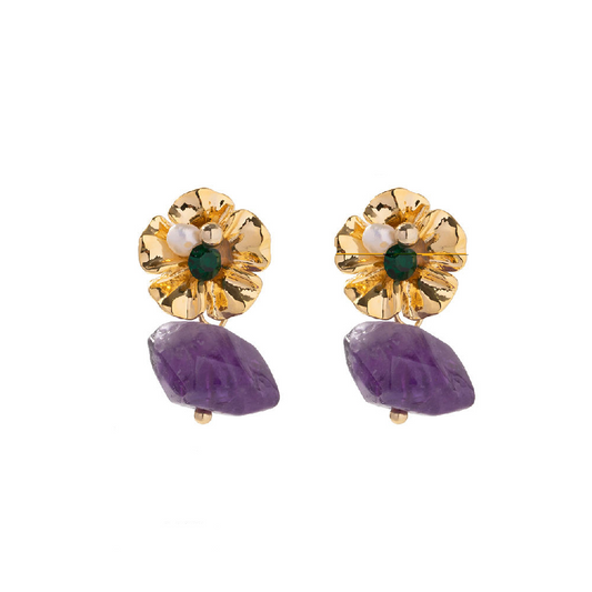Flower Earrings with Hanging Stone – Purple or Green | Twinolo