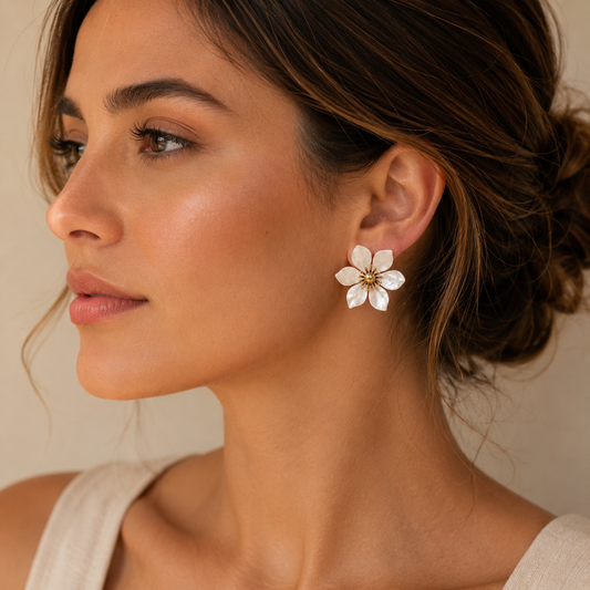 Flower Statement Earrings with Mother-of-Pearl Effect – Gold-Colored | Twinolo
