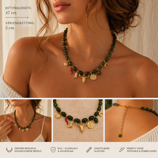 Women's Beaded Necklace with Charms – Green & Gold-colored | Twinolo