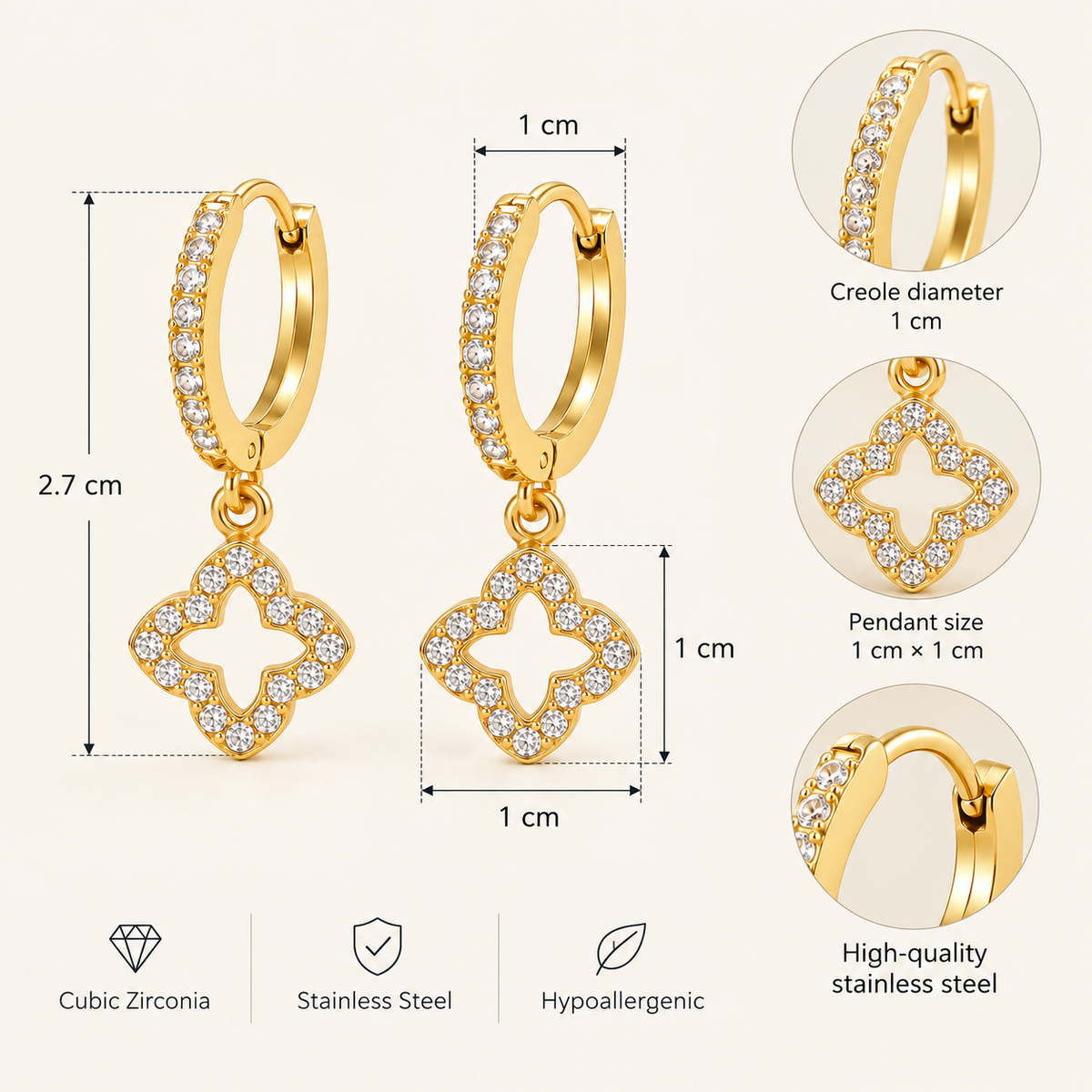 Goudkleurige Clover Oorbellen Dames met Zirkonia | TWINOLO