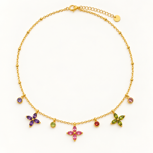 Goudkleurige Bloemenketting met Kleurrijke Zirkonia – RVS | TWINOLO