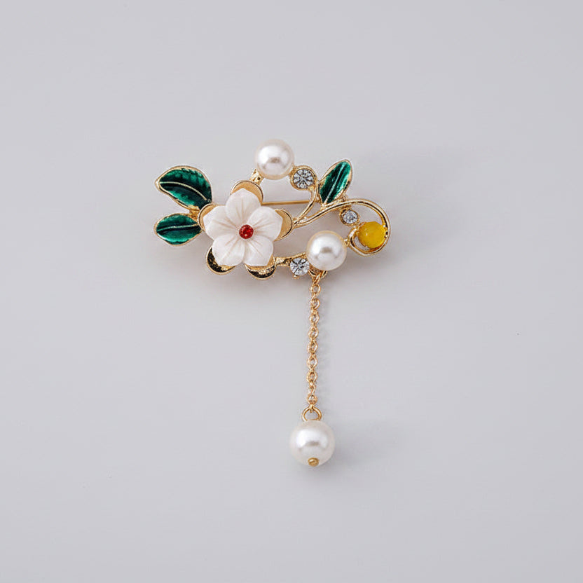 🌸 Flower Brooch with Pearl and Dangling Detail – Elegant Brooch | Twinolo