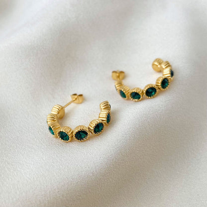 Mini Hoops with Dark Green Stones – Stylish Touch | Twinolo