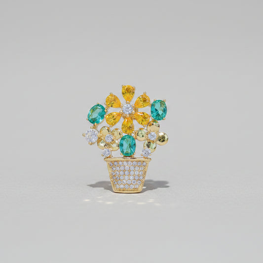 🌼 Flowerpot Brooch with Colourful Crystals – Gold-Coloured Women's Brooch | Twinolo