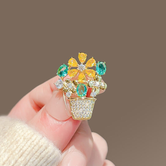 🌼 Flowerpot Brooch with Colourful Crystals – Gold-Coloured Women's Brooch | Twinolo